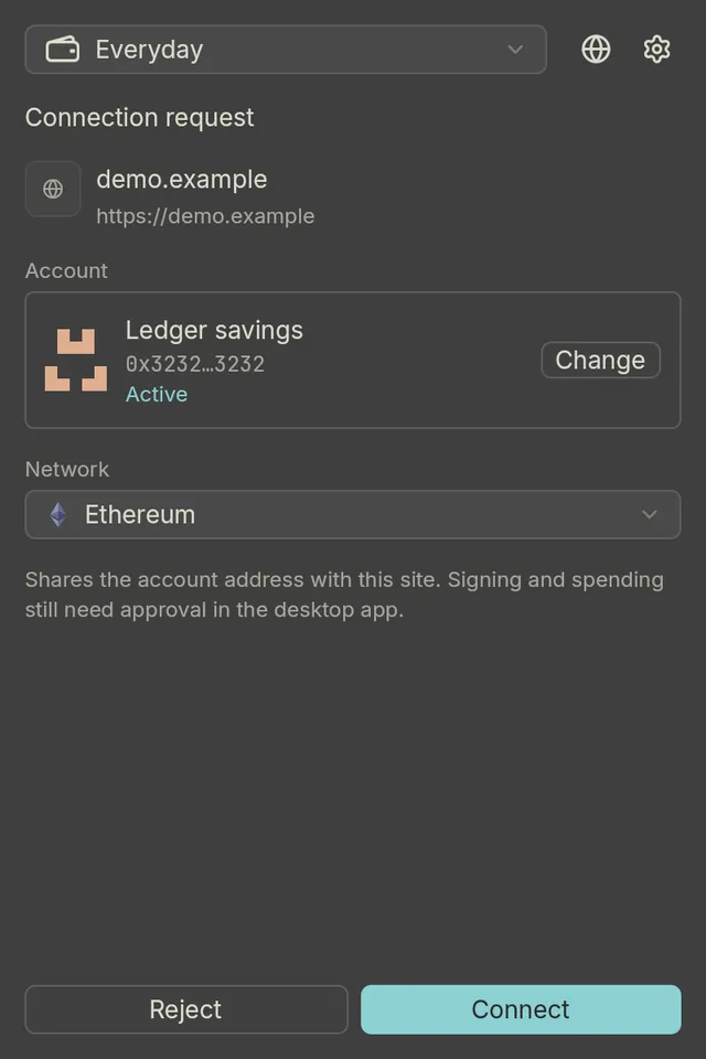 Extension popup showing a connection request from demo.example for the Ledger savings account on Ethereum, with Reject and Connect buttons.