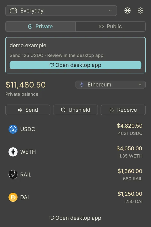 Extension popup with a pending request from demo.example to send 125 USDC, marked for review in the desktop app, with an Open desktop app button.