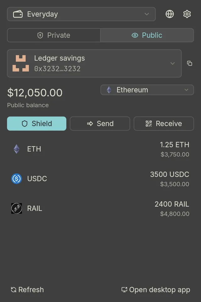 Extension popup on the Public tab for the Ledger savings account, showing a $12,050.00 balance in ETH, USDC, and RAIL with Shield, Send, and Receive buttons.