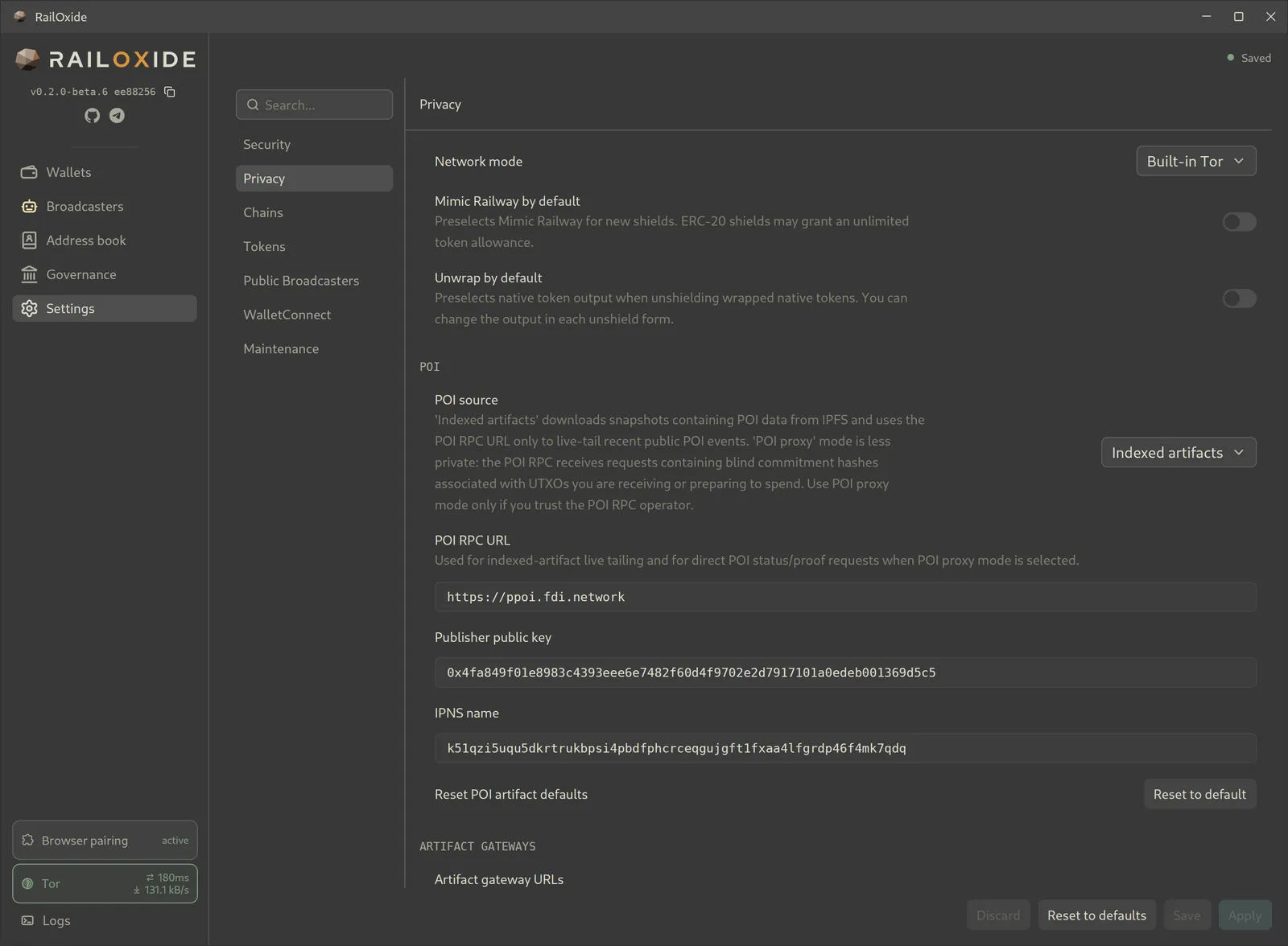 Privacy settings page with network mode set to Built-in Tor and POI source set to Indexed artifacts, with fields for the POI RPC URL, the artifact publisher's public key, and its IPNS name.
