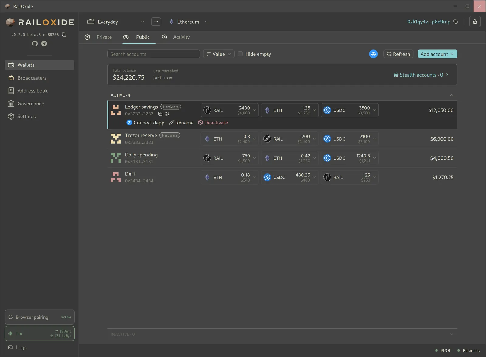 Public accounts list with a Ledger savings account, a Trezor reserve account, and two software accounts, each showing token balances and a USD total.