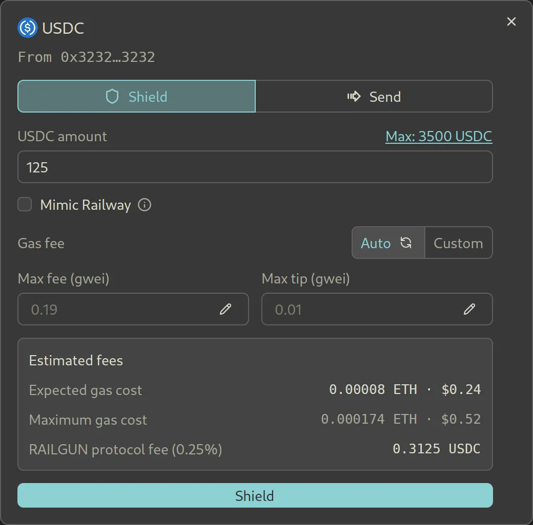 Shield dialog for 125 USDC from public account 0x3232…3232, with gas settings, expected and maximum gas cost, and the 0.25% RAILGUN protocol fee.