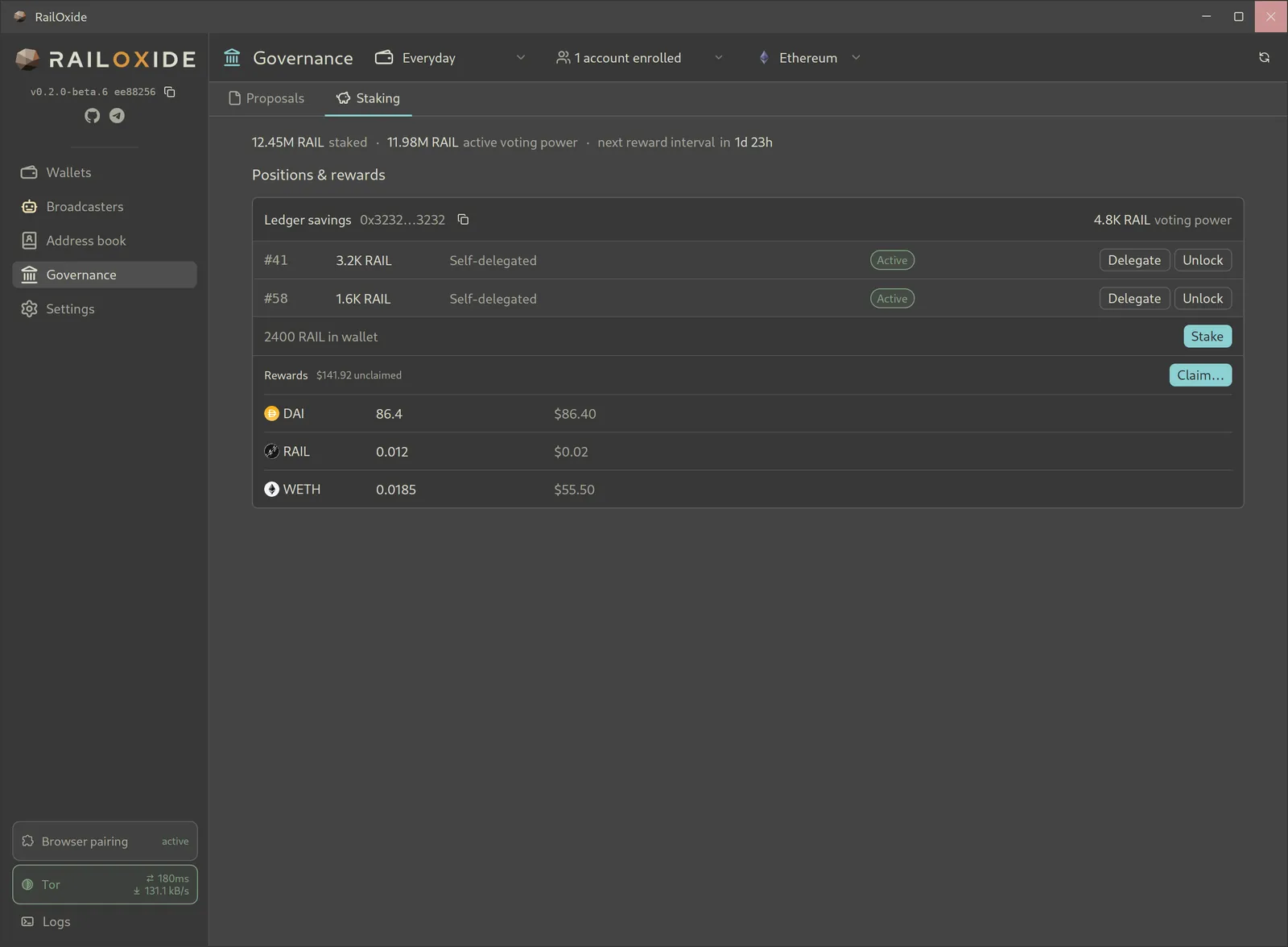 Staking tab showing two self-delegated RAIL positions with Delegate and Unlock buttons, RAIL available to stake, and unclaimed DAI, RAIL, and WETH rewards.