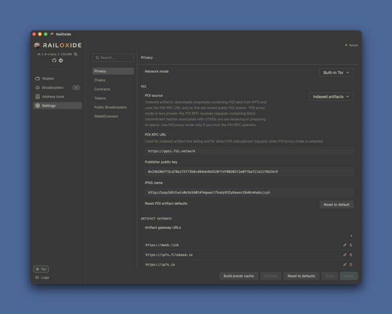Network mode, POI source, RPC endpoints, and infrastructure.